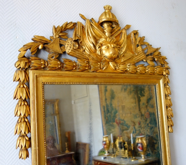 Tall Louis XVI mirror, Hercules attributes, gold leaf gilt wood frame - late 18th century