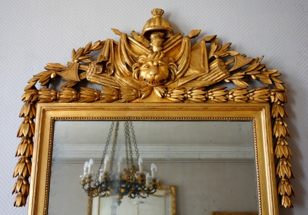 Tall Louis XVI mirror, Hercules attributes, gold leaf gilt wood frame - late 18th century