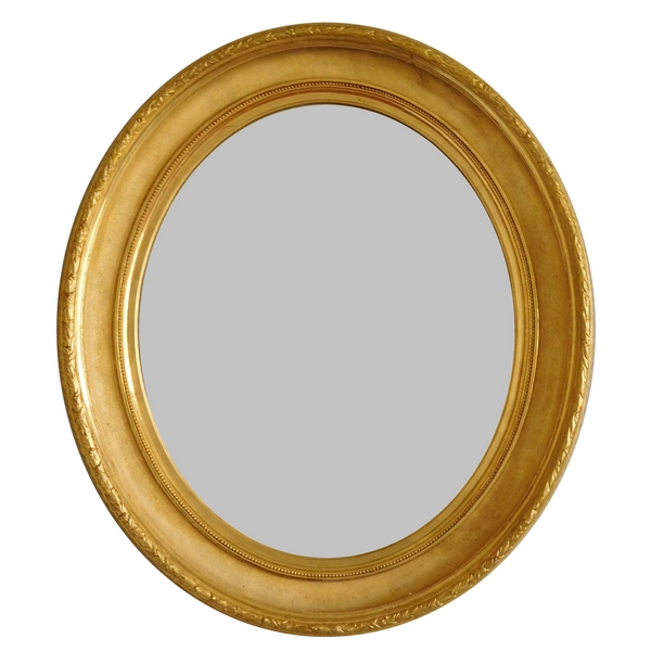 Grand miroir ovale XIXe en bois doré à la feuille d'or, glace au mercure, 82cm x 71cm