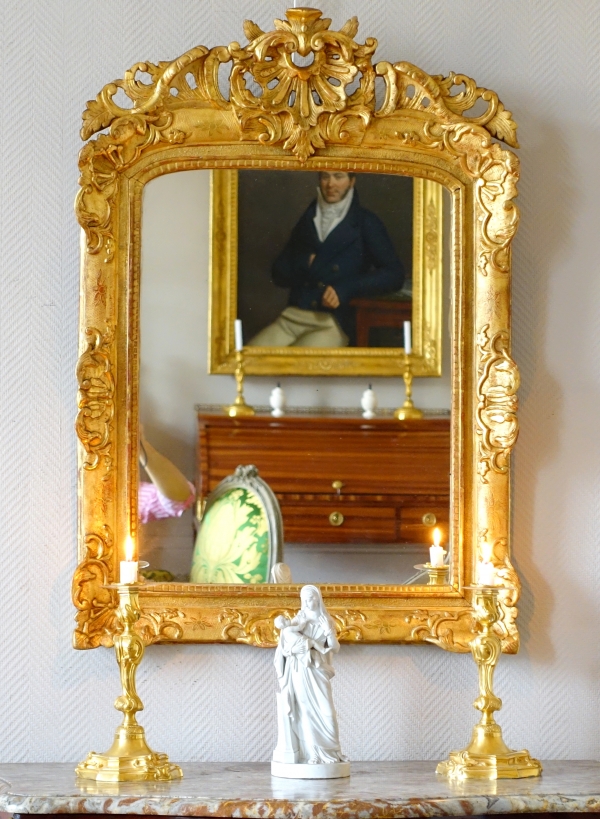 Miroir en bois doré d'époque Régence Louis XV - dorure à la feuille d'or - 97cm x 67,5cm