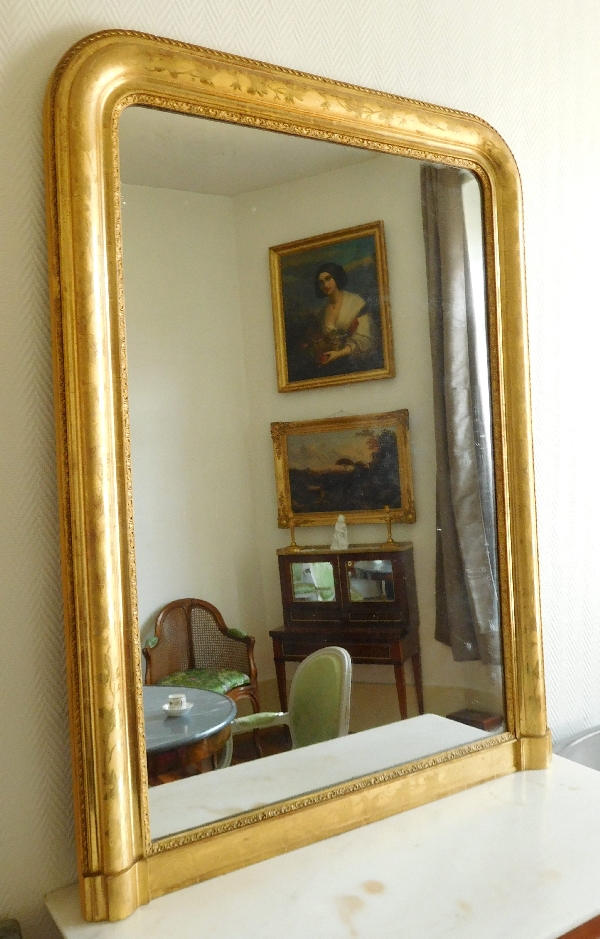 Antique French gilt wood mirror, mercury glass, circa 1850