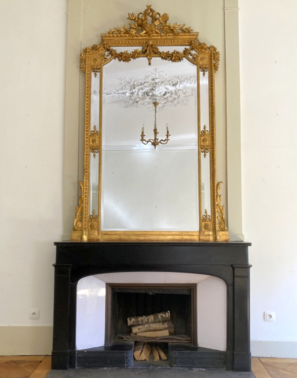 Large Louis XVI style gold leaf gilt wood mirror, mercury glass, 19th century - 215cm x 138cm