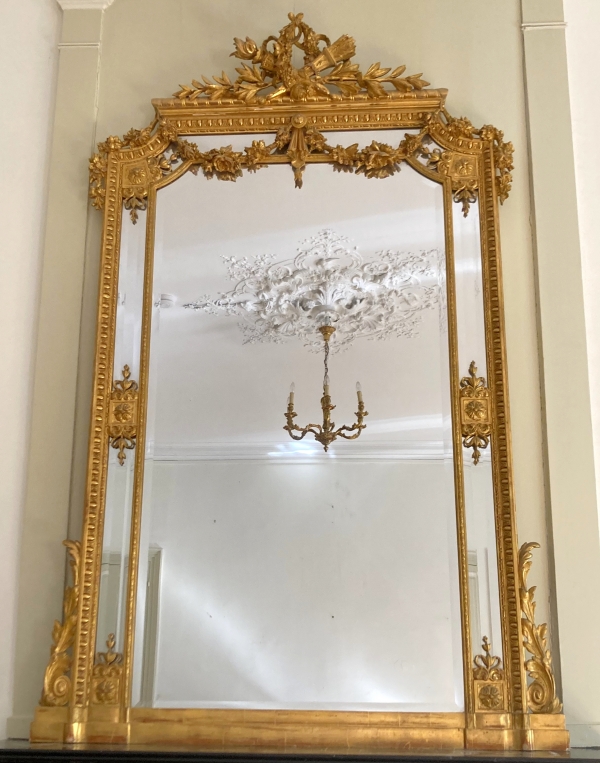 Large Louis XVI style gold leaf gilt wood mirror, mercury glass, 19th century - 215cm x 138cm