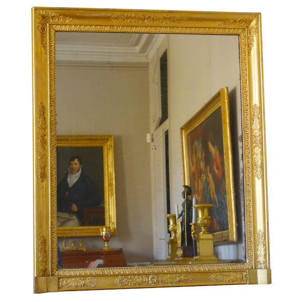 Miroir de cheminée d'époque Empire Restauration, bois doré glace au mercure - 85,5cm x 102cm