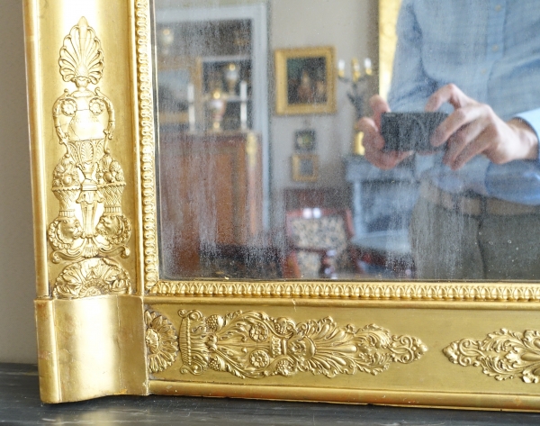 Miroir de cheminée d'époque Empire Restauration, bois doré glace au mercure - 91,5cm x 123cm