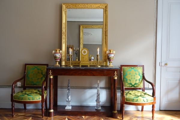 Miroir de cheminée d'époque Empire Restauration, bois doré glace au mercure - 91,5cm x 123cm