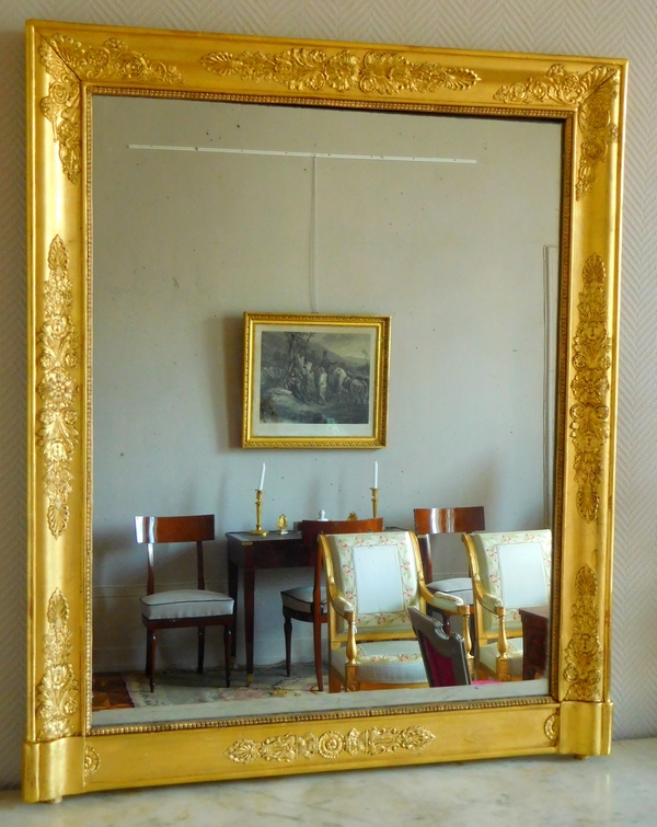 Miroir de cheminée d'époque Empire Restauration en bois doré à glace au mercure - 80,5cm x 97cm