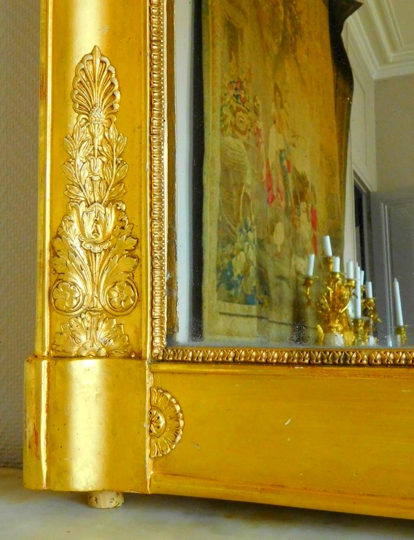 Miroir de cheminée d'époque Empire Restauration en bois doré à glace au mercure - 80,5cm x 97cm