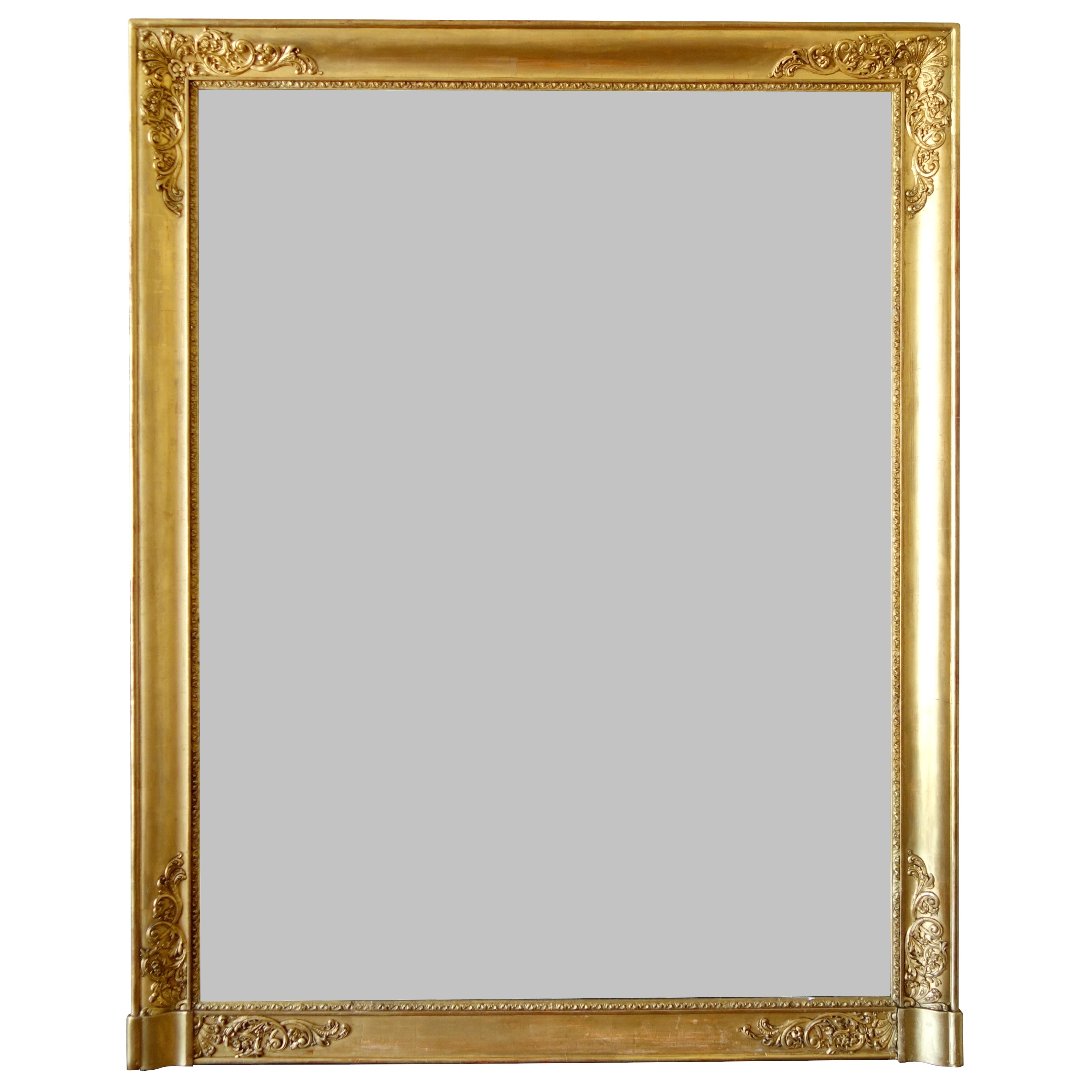 Grand miroir de cheminée Empire en bois doré à l'or fin, glace au mercure - 102,5cm x 130cm