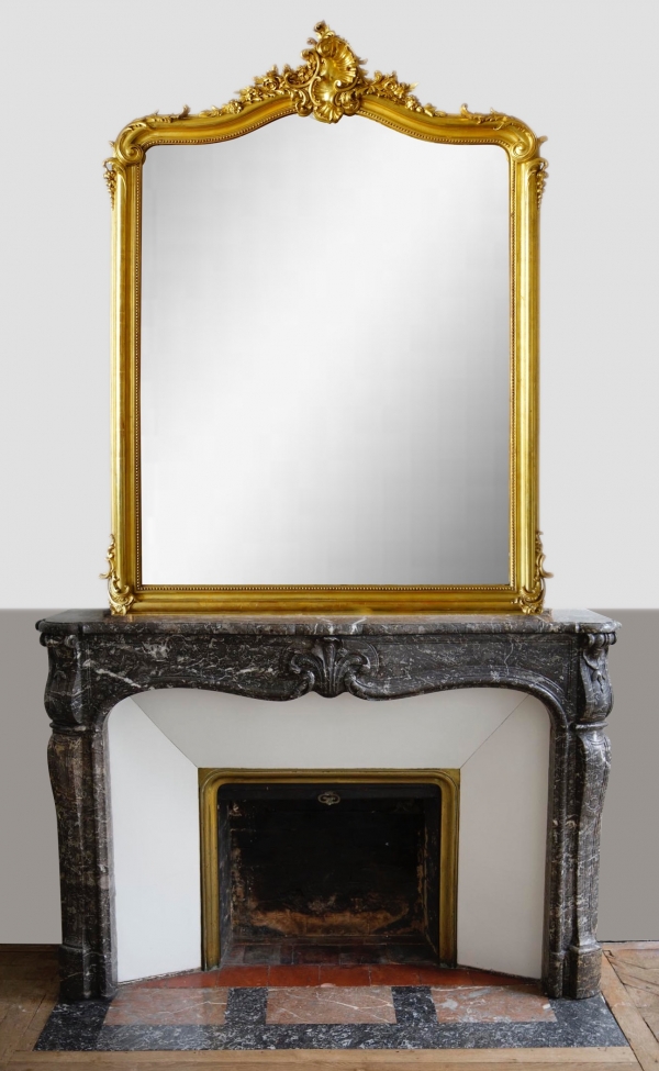 Miroir de cheminée Louis XV en bois doré - fin XIXe siècle - 158cm x 130cm