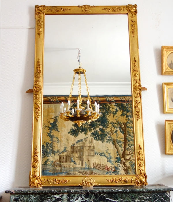 19th century gold leaf gilt wood mirror, Napoleon III period - 106cm x 187cm