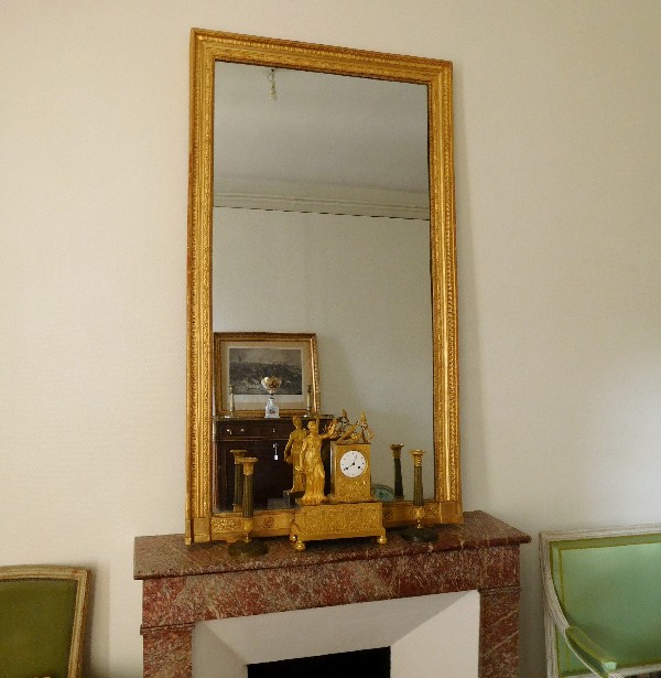 Grand miroir de cheminée en bois doré, glace au mercure en 2 parties, époque Empire, 91x162cm