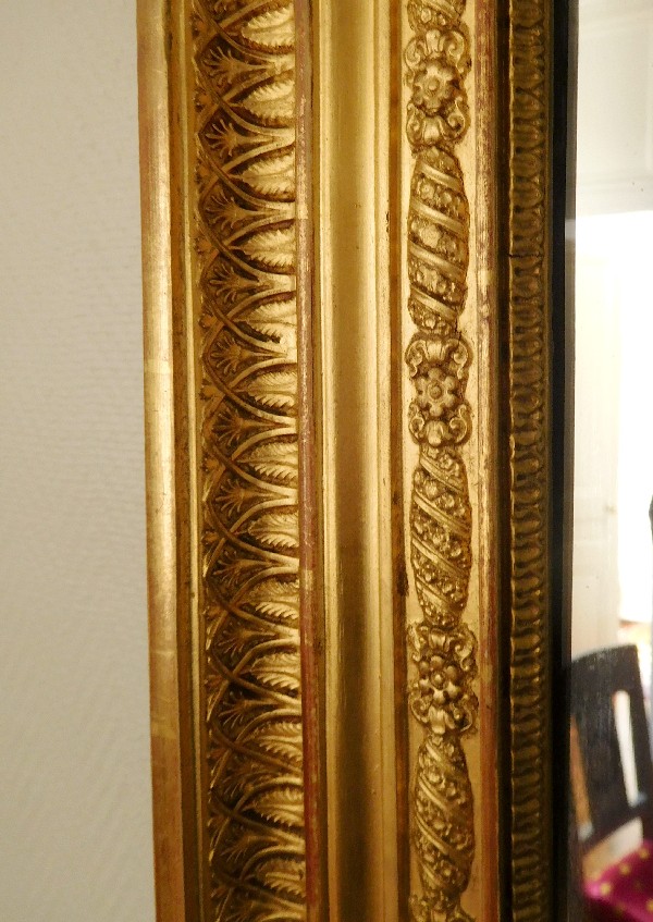 Grand miroir de cheminée en bois doré, glace au mercure en 2 parties, époque Empire, 91x162cm