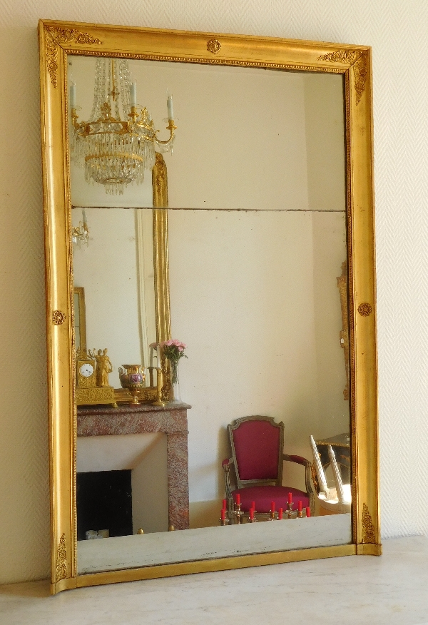 Miroir de cheminée en bois doré, glace au mercure en 2 parties, époque Empire, 88,5cm x 129cm