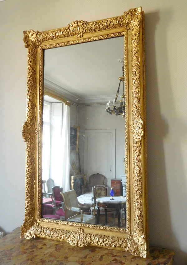 Miroir d'entre deux ou de cheminée de style Louis XIV Régence en bois doré, glace au mercure 160cm x 96cm