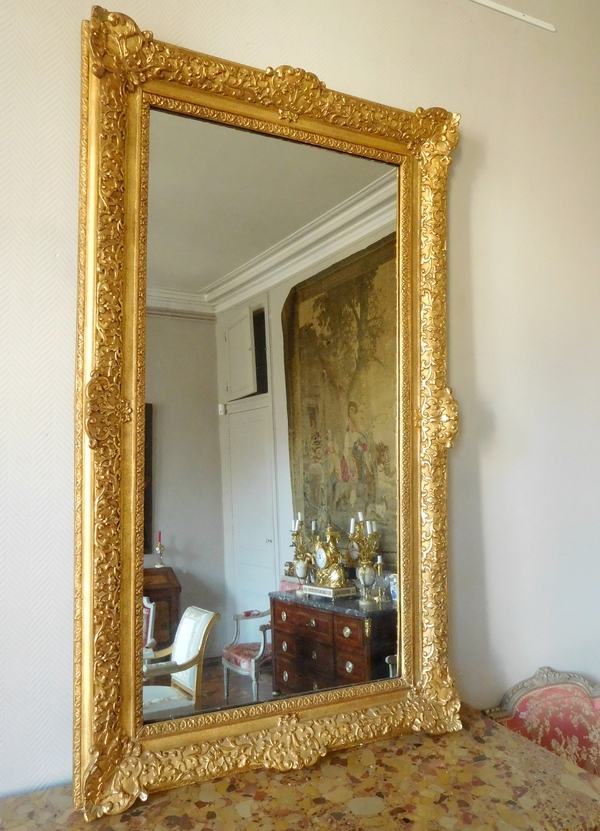 Miroir d'entre deux ou de cheminée de style Louis XIV Régence en bois doré, glace au mercure 160cm x 96cm