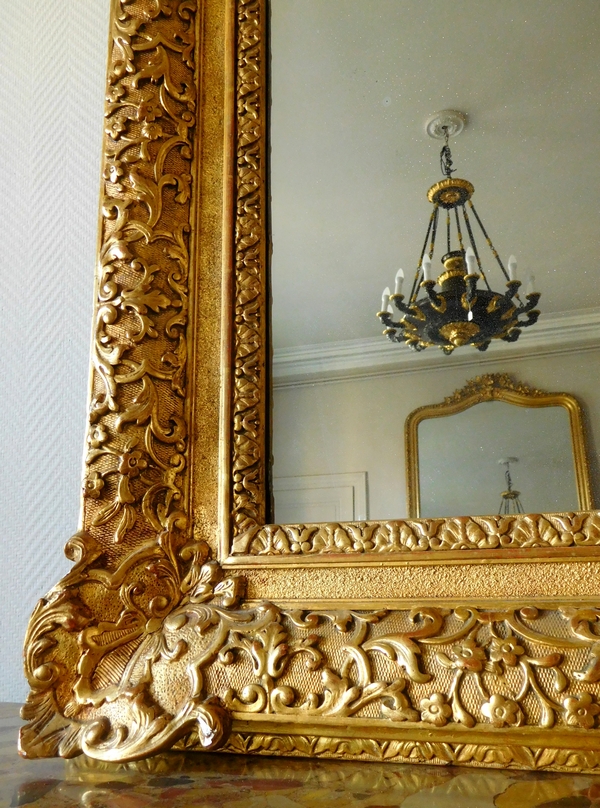 Miroir d'entre deux ou de cheminée de style Louis XIV Régence en bois doré, glace au mercure 160cm x 96cm