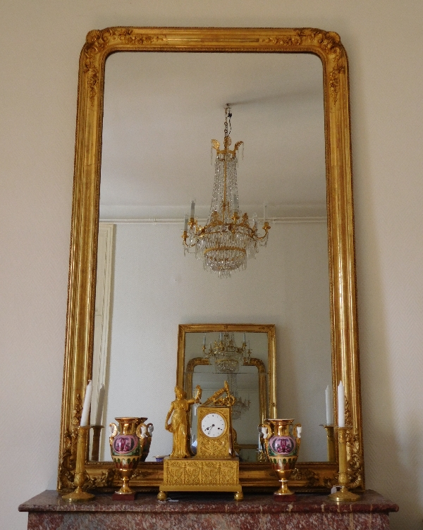 Grand miroir de cheminée, cadre en bois doré, glace au mercure, époque Napoléon III 185cm x 110cm