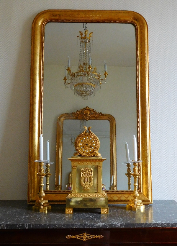 Antique French gilt wood mirror, mercury glass, circa 1840-50