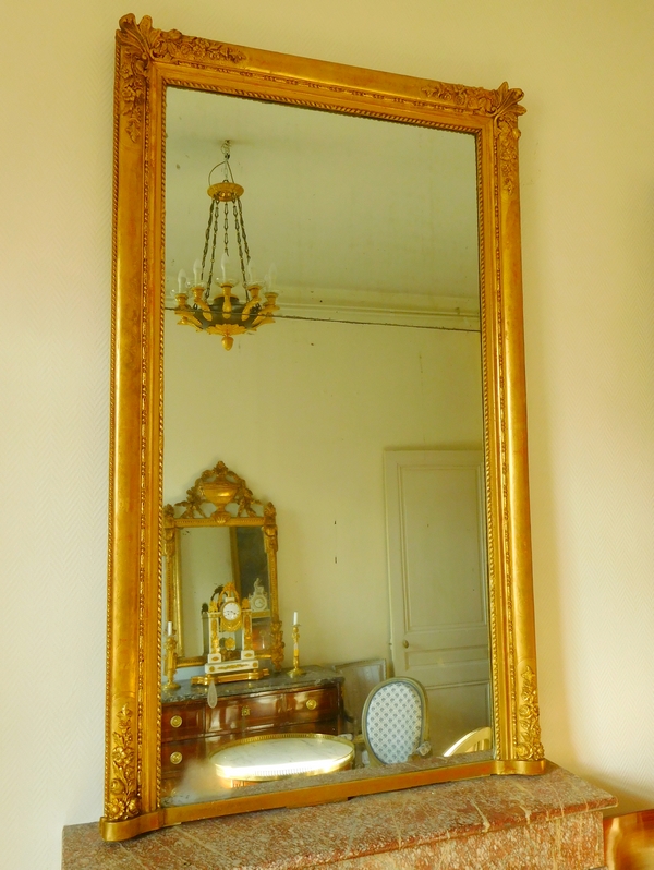 Tall fireplace mirror, gilt wood frame, mercury glass circa 1840, 110cm x 180cm