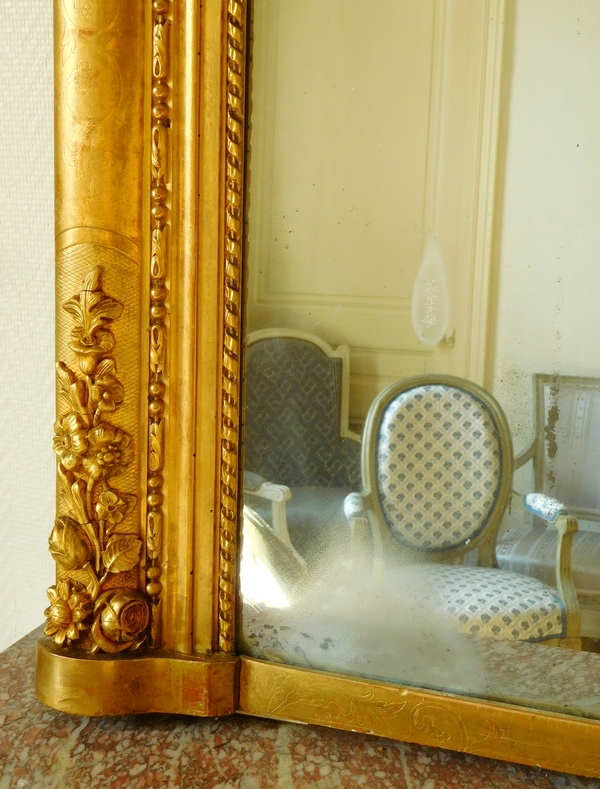 Miroir de cheminée en bois doré, glace au mercure en 2 parties, époque 1840, 110cm x 180cm