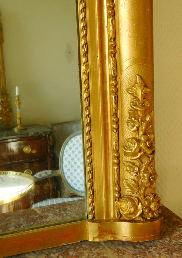 Tall fireplace mirror, gilt wood frame, mercury glass circa 1840, 110cm x 180cm