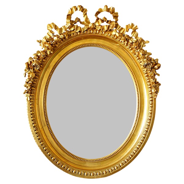 Grand miroir ovale de style Louis XVI en bois doré, époque Napoléon III - 78cm x 97,5cm