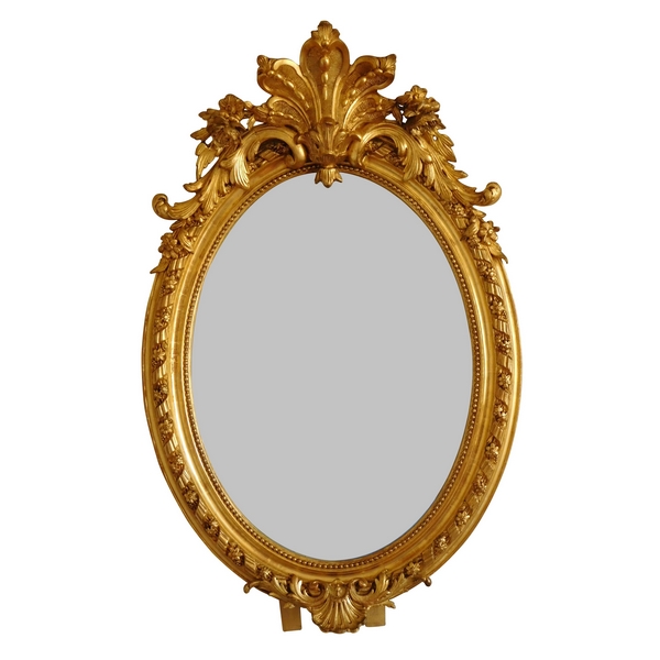 Miroir ovale en bois doré à la feuille d'or d'époque Napoleon III - 62cm X 95cm