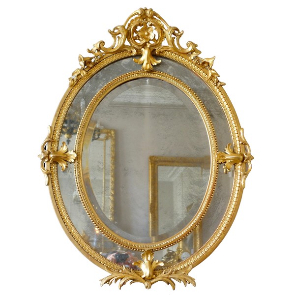 Gold leaf gilt wood oval mirror, mercury mirror, Napoleon III production