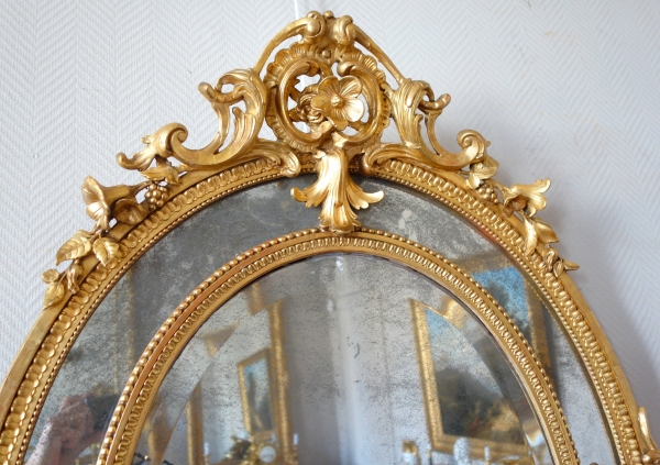 Gold leaf gilt wood oval mirror, mercury mirror, Napoleon III production