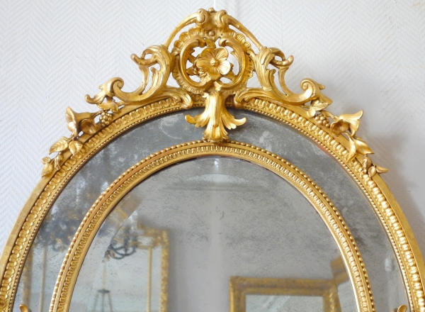 Gold leaf gilt wood oval mirror, mercury mirror, Napoleon III production