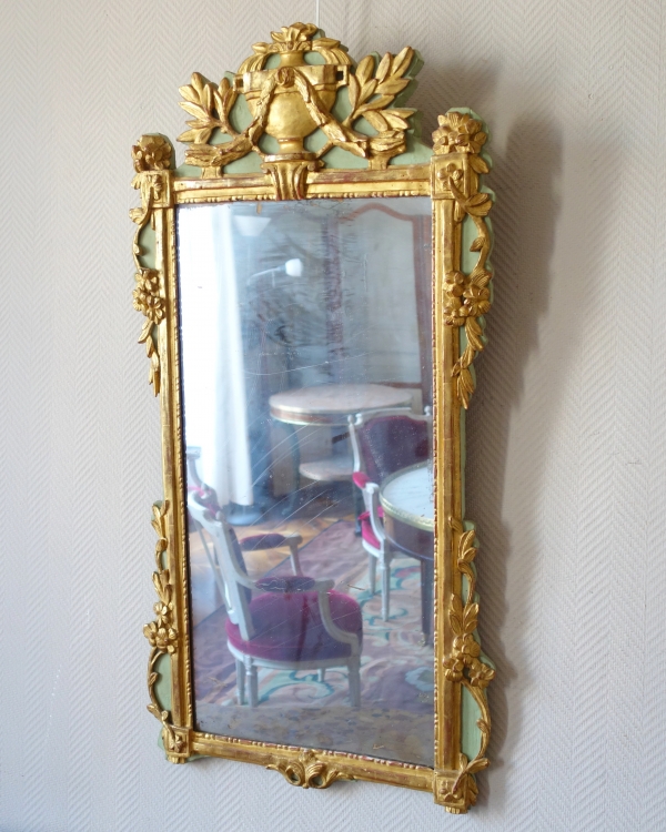 Etroit miroir provençal d'entre 2, bois doré & glace au mercure, époque Louis XVI - 112cm x 56cm