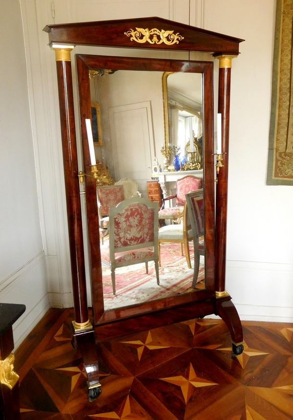 Miroir psyché en acajou et bronze doré au mercure, glace au mercure, époque Empire début XIXe