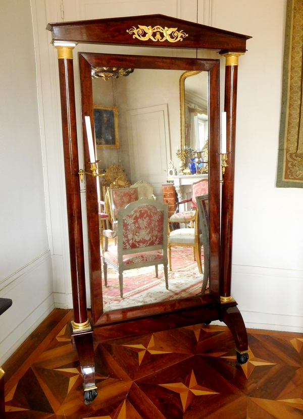 Large mahogany and ormolu psyche mirror, French Empire, early 19th century circa 1810