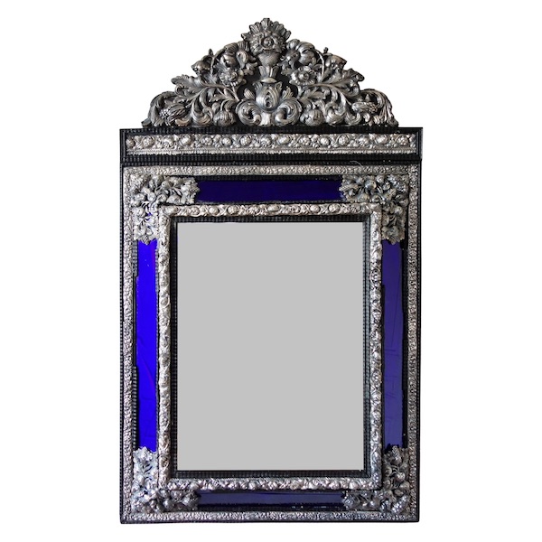 Louis XIV style mirror, blue parecloses, blackened wood & silverplate bronze