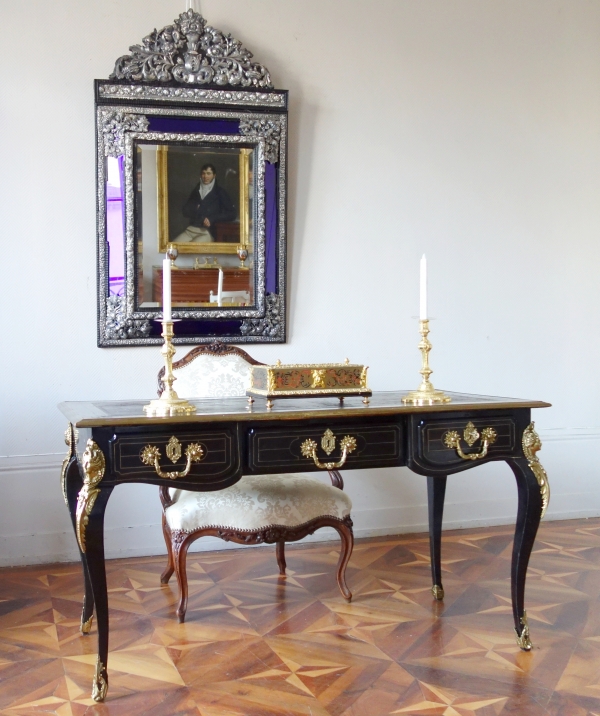 Louis XIV style mirror, blue parecloses, blackened wood & silverplate bronze