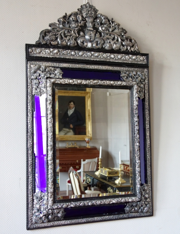 Louis XIV style mirror, blue parecloses, blackened wood & silverplate bronze