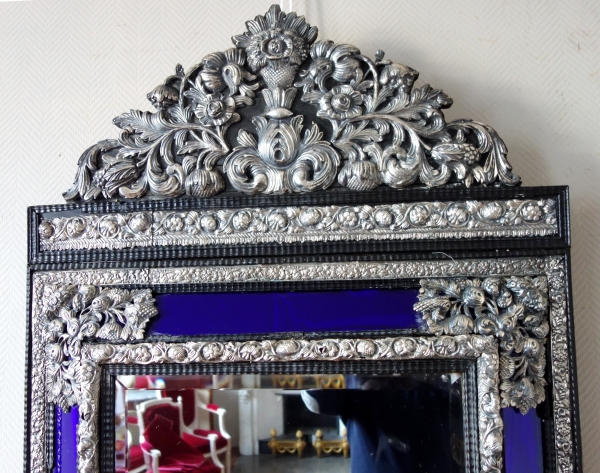 Louis XIV style mirror, blue parecloses, blackened wood & silverplate bronze