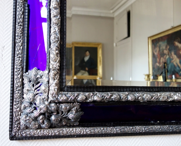 Louis XIV style mirror, blue parecloses, blackened wood & silverplate bronze