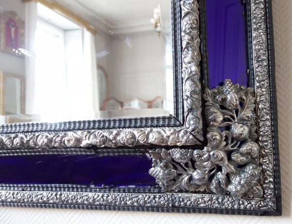 Louis XIV style mirror, blue parecloses, blackened wood & silverplate bronze