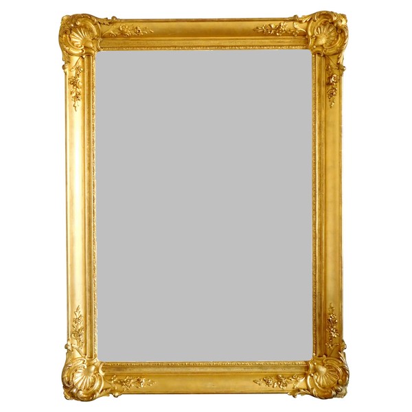 Grand miroir en bois doré à la feuille d'or, glace au mercure - style Louis XV, milieu XIXe