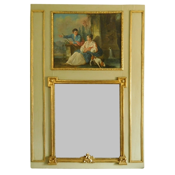 Trumeau de boiserie en bois doré et laqué à huile sur toile XVIIIe, époque Louis XVI 134cm x 190cm