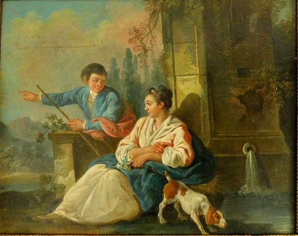 Trumeau de boiserie en bois doré et laqué à huile sur toile XVIIIe, époque Louis XVI 134cm x 190cm