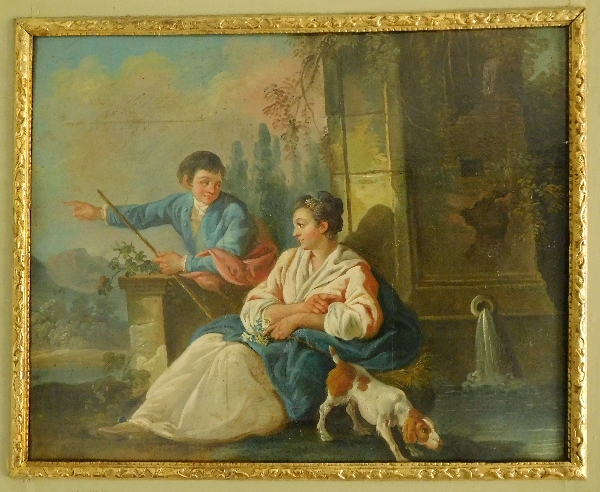 Trumeau de boiserie en bois doré et laqué à huile sur toile XVIIIe, époque Louis XVI 134cm x 190cm