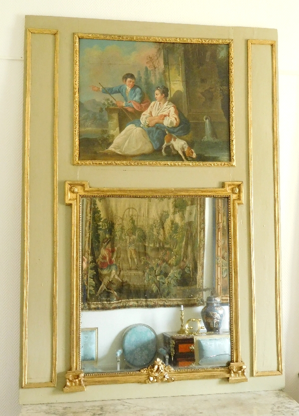 Trumeau de boiserie en bois doré et laqué à huile sur toile XVIIIe, époque Louis XVI 134cm x 190cm