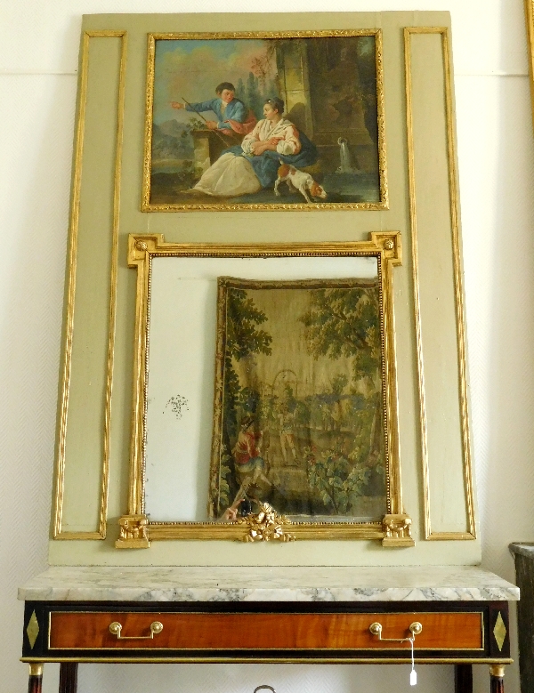 Trumeau de boiserie en bois doré et laqué à huile sur toile XVIIIe, époque Louis XVI 134cm x 190cm