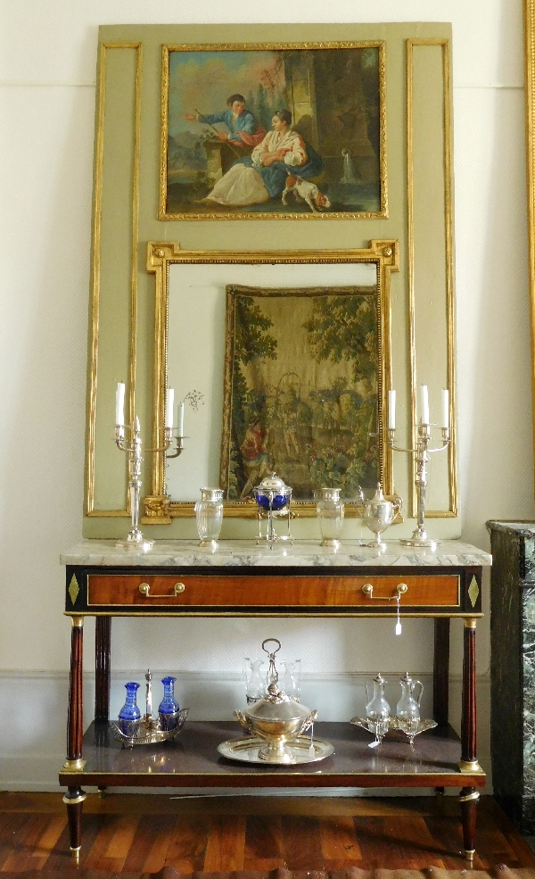 Trumeau de boiserie en bois doré et laqué à huile sur toile XVIIIe, époque Louis XVI 134cm x 190cm