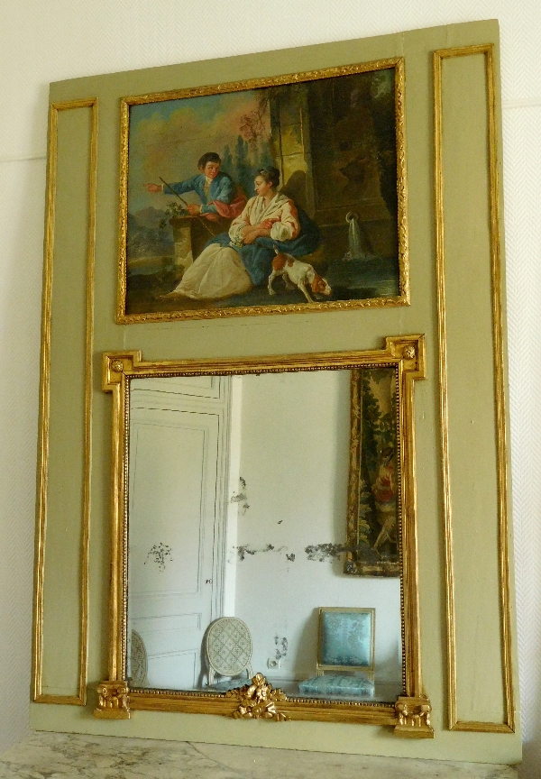 Trumeau de boiserie en bois doré et laqué à huile sur toile XVIIIe, époque Louis XVI 134cm x 190cm