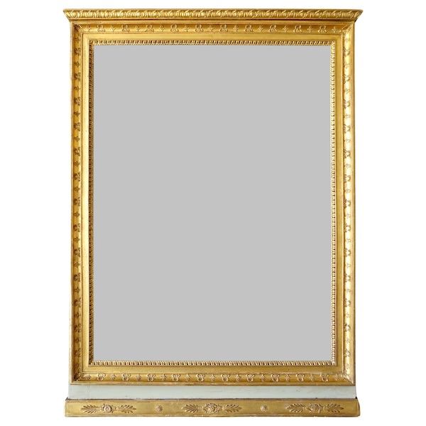 Trumeau, miroir de boiserie d'époque Empire en bois laqué et doré, glace au mercure