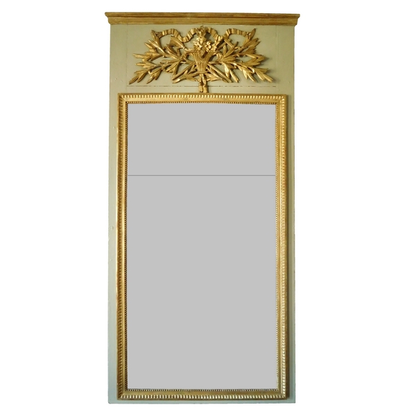 Trumeau, miroir de boiserie d'époque Louis XVI en bois laqué et doré, glace au mercure